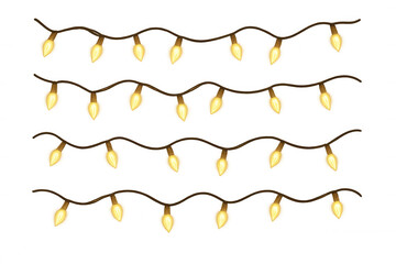 Realistic glowing christmas lights hanging on transparent background, creating a warm festive atmosphere