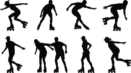 Roller skating silhouettes, people skating on roller skates, outdoor activity, sport exercise, fun fitness, urban lifestyle, movement, skating poses, active recreation