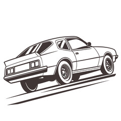 Naklejka premium Vintage American muscle car line art illustration driving uphill on a road, classic vehicle design.