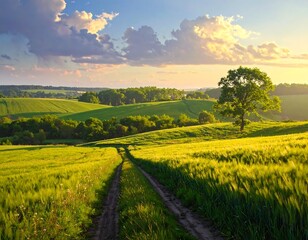 Picturesque landscape featuring a winding path through verdant hills at sunset