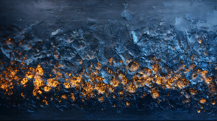 luxurious frosty ice texture glowing in deep sapphire blue contrasted with molten golden orange shimmer