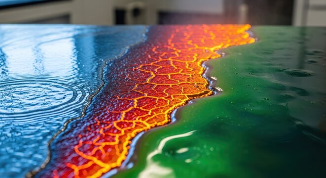 Abstract depiction of water, land and lava meeting, artistic design