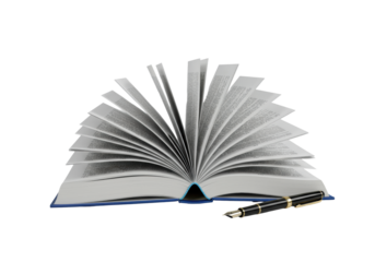 Pristine open hardcover book, fanned pages, blue spine, beside sleek black fountain pen. Bright studio 45-degree shot on gray background, intellectual elegance concept.