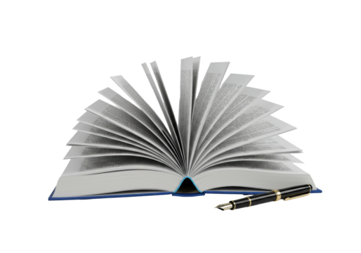 Pristine open hardcover book, fanned pages, blue spine, beside sleek black fountain pen. Bright studio 45-degree shot on gray background, intellectual elegance concept.