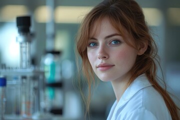 A young woman with red hair and blue eyes, possibly a scientist, looks directly at the camera in a laboratory setting.