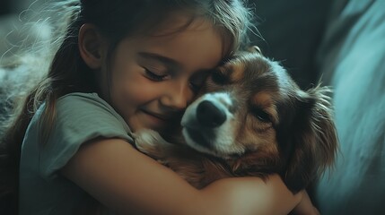 A young girl hugging her dog tightly, with a look of pure happiness .