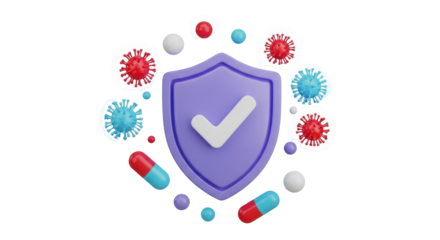 Isolated shield with check mark protected from viruses and bacteria with pills and spheres