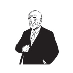 Old man with formal suit black and white vector illustration for classic portrait artwork design