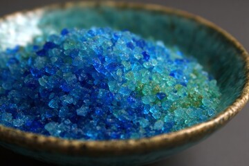 Vibrant blue salt crystals are arranged attractively in a small bowl that sits on a textured surface