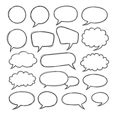 A collection of hand-drawn speech bubbles and thought clouds in various shapes and sizes, presented on a white background.