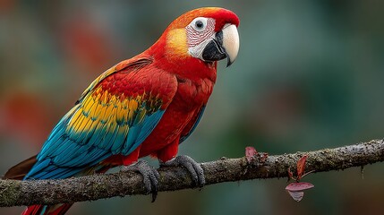 Scarlet macaw perched on a branch in the rainforest, looking to the left