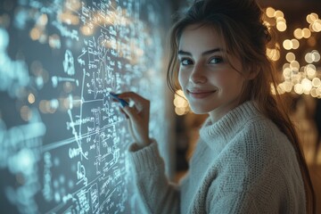 A young woman smiles while working on complex equations on a large interactive whiteboard.