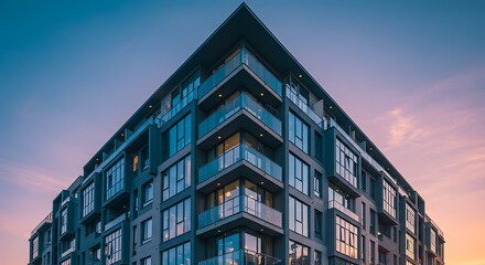 Modern Apartment Building Exterior at Dusk with Blue Sky and Windows.
