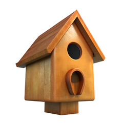 Wooden birdhouse with a simple design in a natural light brown color. Isolated against a black background. the birdhouse presents a perspective view.