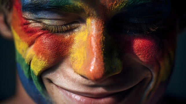 Close-up portrait of a young man with gray hair and rainbow face paint in the colors of the LGBT community