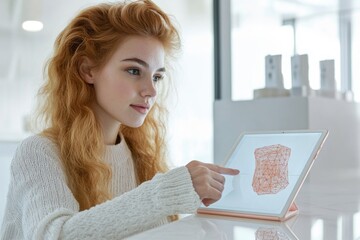 Young woman examines a 3D model on a tablet, likely for design or medical purposes.