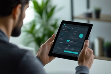 A person uses a tablet displaying a dark-themed dashboard with charts and data, likely for business analytics or project management.