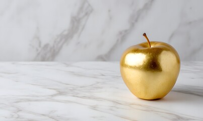 golden apple bright on marble plate side angle soft shadows minimal background