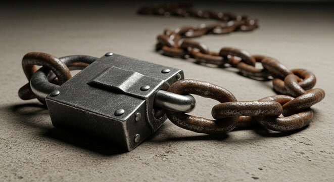 A heavy, rusty metal padlock secures a thick iron chain on a concrete floor.