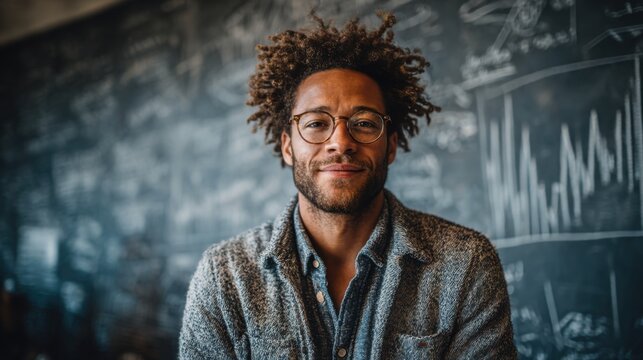 Young man with glasses smiling in front of blackboard filled with equations and graphs in a modern learning environment