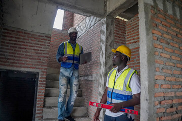 Construction workers collaborating on site during the day in a building under renovation