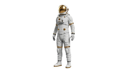 Isolated Astronaut stands upright wearing a vintage golden visor space suit, no background