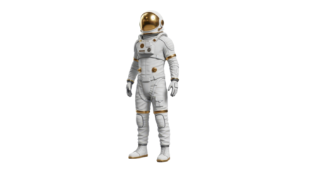 Isolated Astronaut stands upright wearing a vintage golden visor space suit, no background