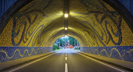 Obraz premium Colorful mosaic tunnel, road stretches ahead