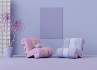 Pink armchair with frame, plant pot on pastel purple background. Advertisement idea. Creative composition. 3d render, social media and sale concept	