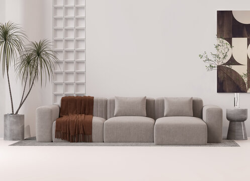 Minimal armchair with frame, plant pot on pastel beige background. Advertisement idea. Creative composition. 3d render, social media and sale concept