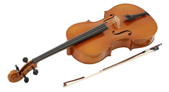 Isolated cello and bow lie on a neutral surface awaiting musician to play a wonderful song