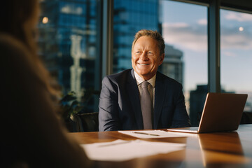 Fototapeta premium Confident senior executive smiling during a business meeting in a modern glass office with laptop and documents, city skyline visible outside