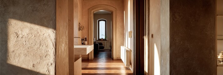 Elegant Interior of a Cozy Apartment With Warm Sunlight Streaming Through the Hallway and Inviting Atmosphere in the Morning
