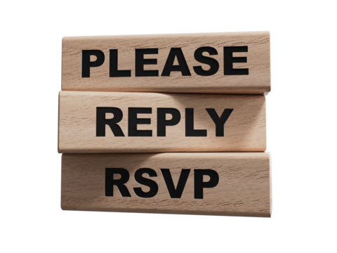 Word PLEASE REPLY rsvp. Wooden small cubes with letters. wooden blocks. Copy space.Supports PNG files with transparent backgrounds.