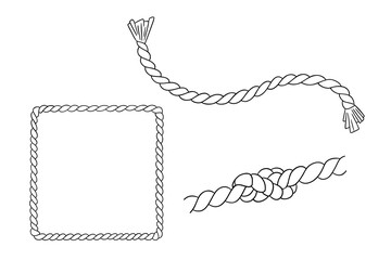 Set of rope knot and square frame. Nautical, travel loop. Vintage outline vector border isolated on white background. Line art © Elena