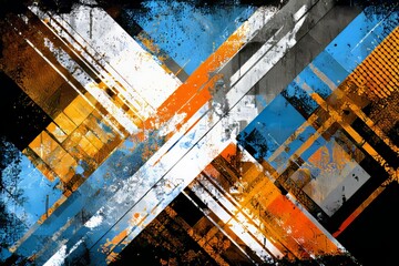 An urban backdrop serves as the location for a colorful abstract mural characterized by vibrant shapes on a dark canvas