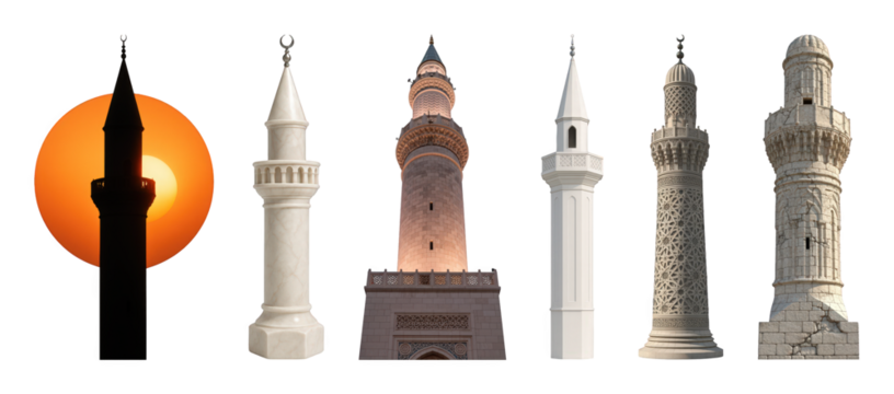 Minaret set including ancient, carved, marble, stone, and modern styles isolated. Islamic architecture and cultural symbols collection.