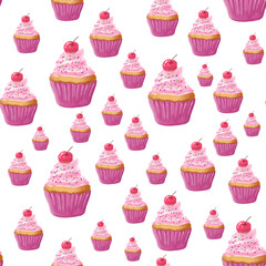 Seamless Cupcake Pattern Pink Dessert with Cherry Topping Crayon Texture HD Transparent Background