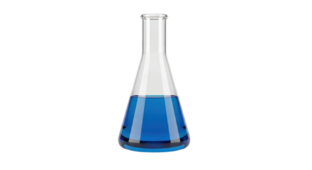 Isolated Erlenmeyer flask with blue liquid; science lab chemistry experimentation