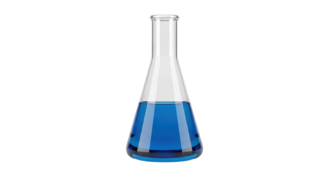 Isolated Erlenmeyer flask with blue liquid; science lab chemistry experimentation