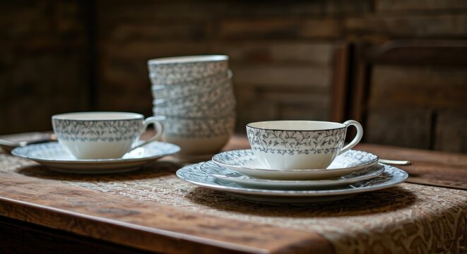 Stacked teacups and saucers on a wooden table
