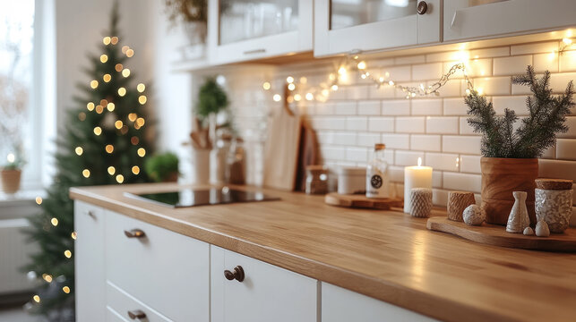 Rustic wooden kitchen counter featuring glowing candles, evergreen pine branches, and twinkling string lights, evoking festive warmth with soft-focus holiday backdrop