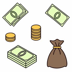 Cartoon Illustration of Money Depicting Wealth and Fortune with Stacks of Bills, Piles of Coins, and a Bag of Cash