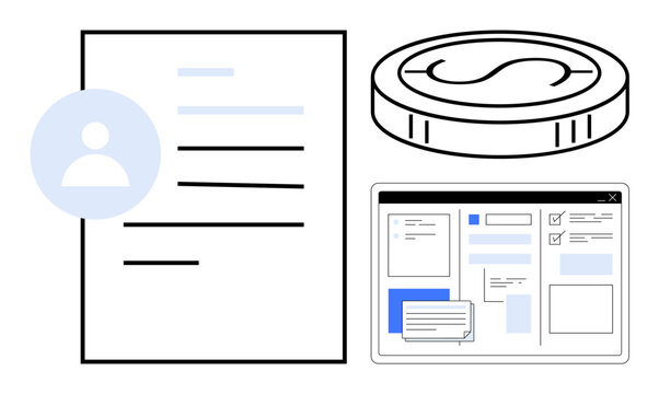 User profile icon, document, browser UI, and coin. Ideal for finance, digital platforms, workflow, account management planning business technology concepts. Flat simple metaphor