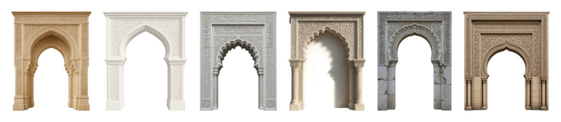 Obraz premium Islamic architecture archway set including ornate stone, stucco, and weathered designs isolated. Cultural and architectural elements.