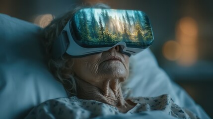 Patient uses virtual reality headset in hospital bed for immersive pain relief therapy in a calming landscape