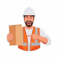 Smiling construction worker holding up a document, pointing at it.