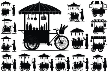 Fototapeta premium Silhouette vendors with carts bicycles and umbrellas