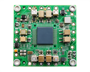 Square circuit board with a power filtering circuit isolated on white background ,PNG. AI Generated.