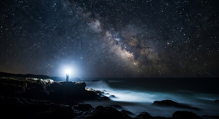 Person stands on a rocky coast under the milky way shining a light into the night sky with ocean waves crashing against the rocks at night